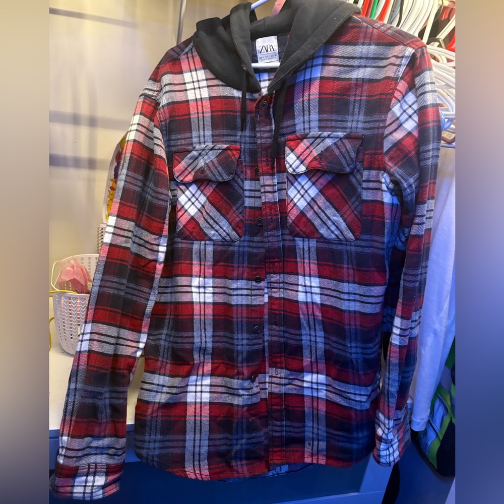 Zara Red and Black Checkered Hoodie Shirt Small